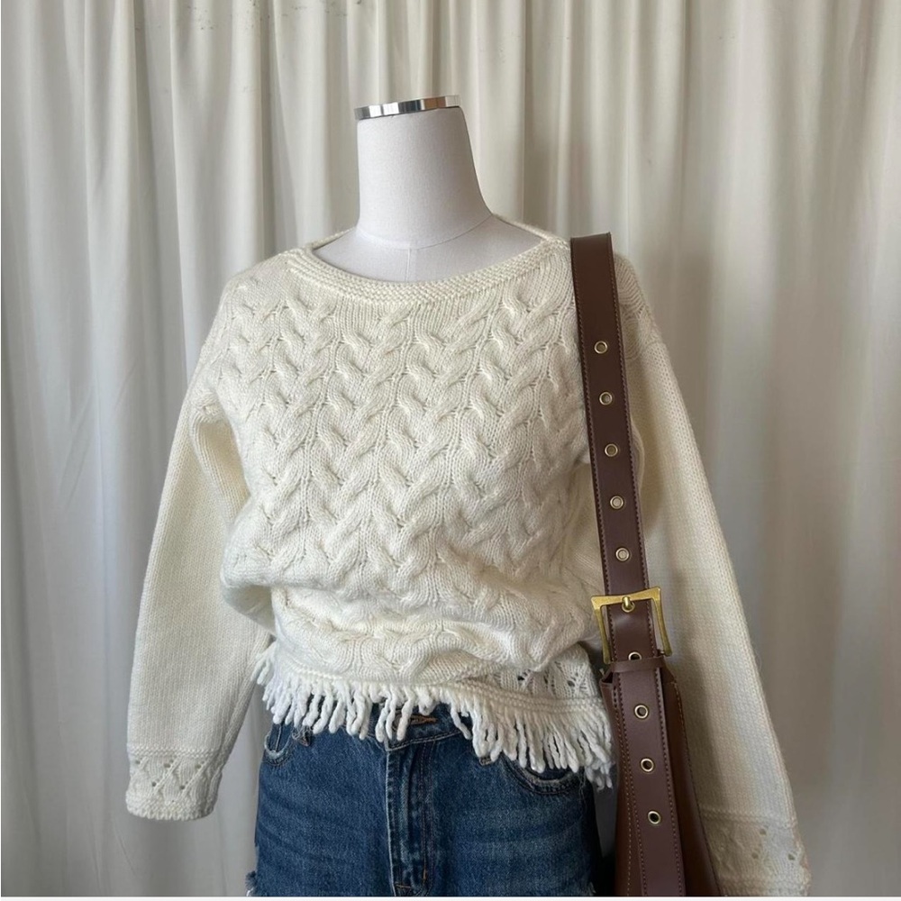 Anthropologie Elsamanda cable-Knit sweater fringe wool blend size small. - Picture 4 of 8